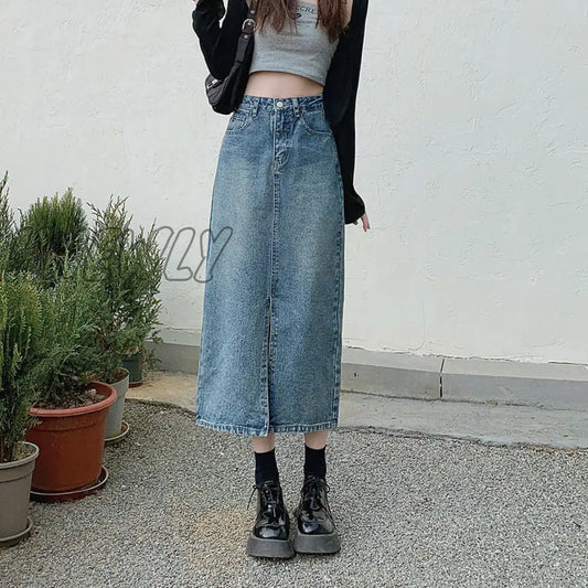 Hnewly Open Half Denim Skirt Women Summer New Y2k High Waist Long Skirt Female Package Hip Skirt Jean Skirts Long Tyle Harajuku