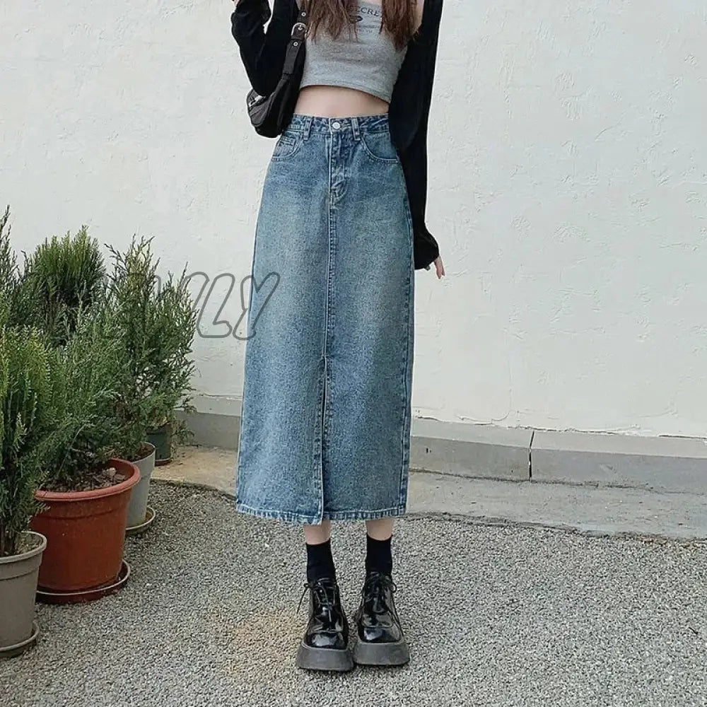 Hnewly Open Half Denim Skirt Women Summer New Y2k High Waist Long Skirt Female Package Hip Skirt Jean Skirts Long Tyle Harajuku