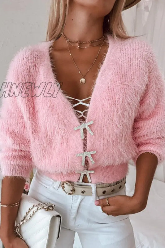 xsrrr - Pink Casual Daily Solid Cardigan With Bow Rhinestone V Neck Outerwear