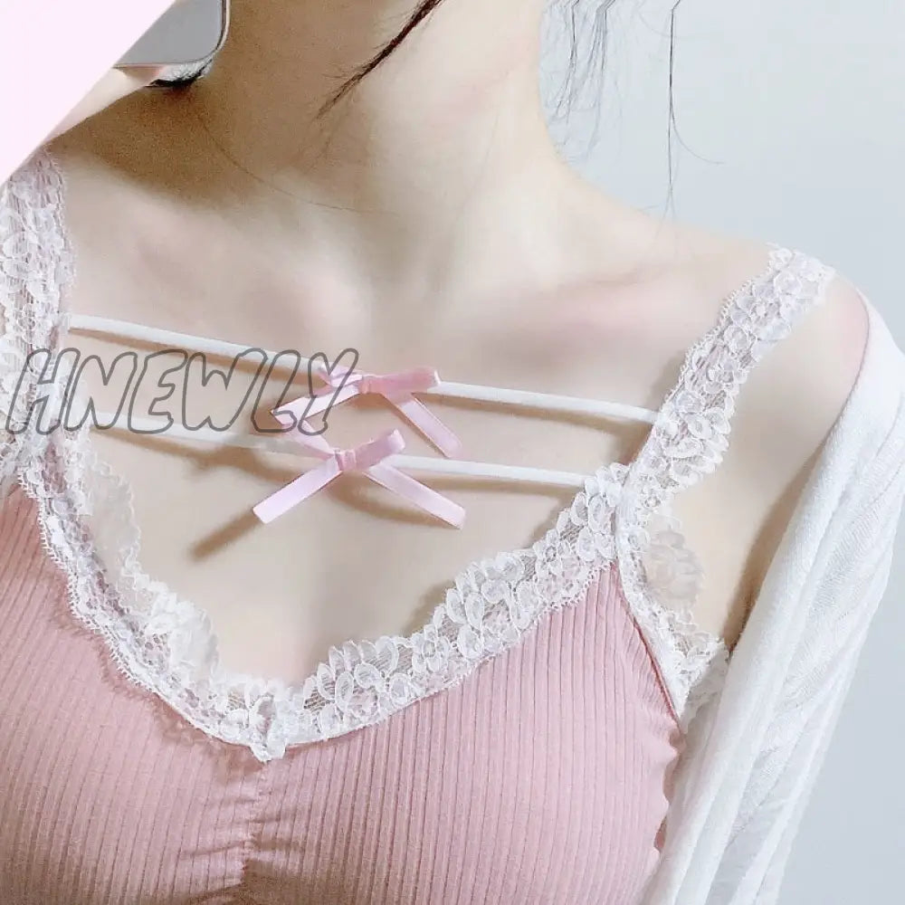 xsrrr Pink Crop Top Women Summer Cute Y2k Tops Lace Trim Bow Decoration Slim Camis Sweet Girl Lolita Style Aesthetic Kawaii Clothes