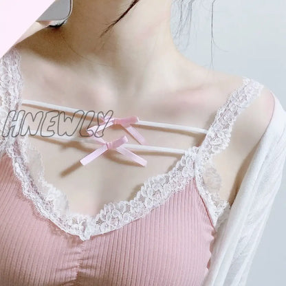 xsrrr Pink Crop Top Women Summer Cute Y2k Tops Lace Trim Bow Decoration Slim Camis Sweet Girl Lolita Style Aesthetic Kawaii Clothes