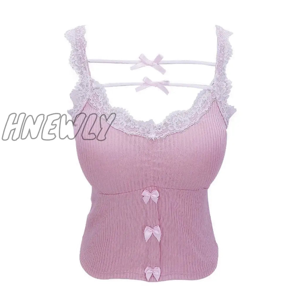 xsrrr Pink Crop Top Women Summer Cute Y2k Tops Lace Trim Bow Decoration Slim Camis Sweet Girl Lolita Style Aesthetic Kawaii Clothes