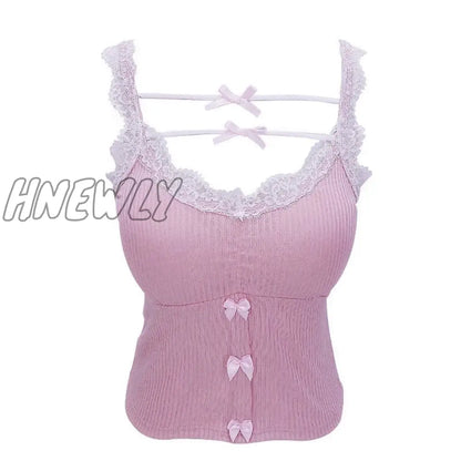 xsrrr Pink Crop Top Women Summer Cute Y2k Tops Lace Trim Bow Decoration Slim Camis Sweet Girl Lolita Style Aesthetic Kawaii Clothes