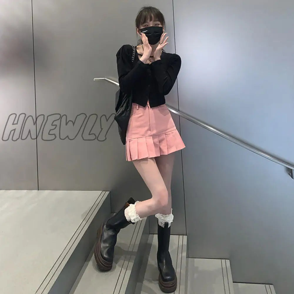 xsrrr Pink Denim Skirt Women Korean Fashion Streetwear Sexy Cute High Waist Slim Patchwork Pleated Mini Skirts Kawaii Summer