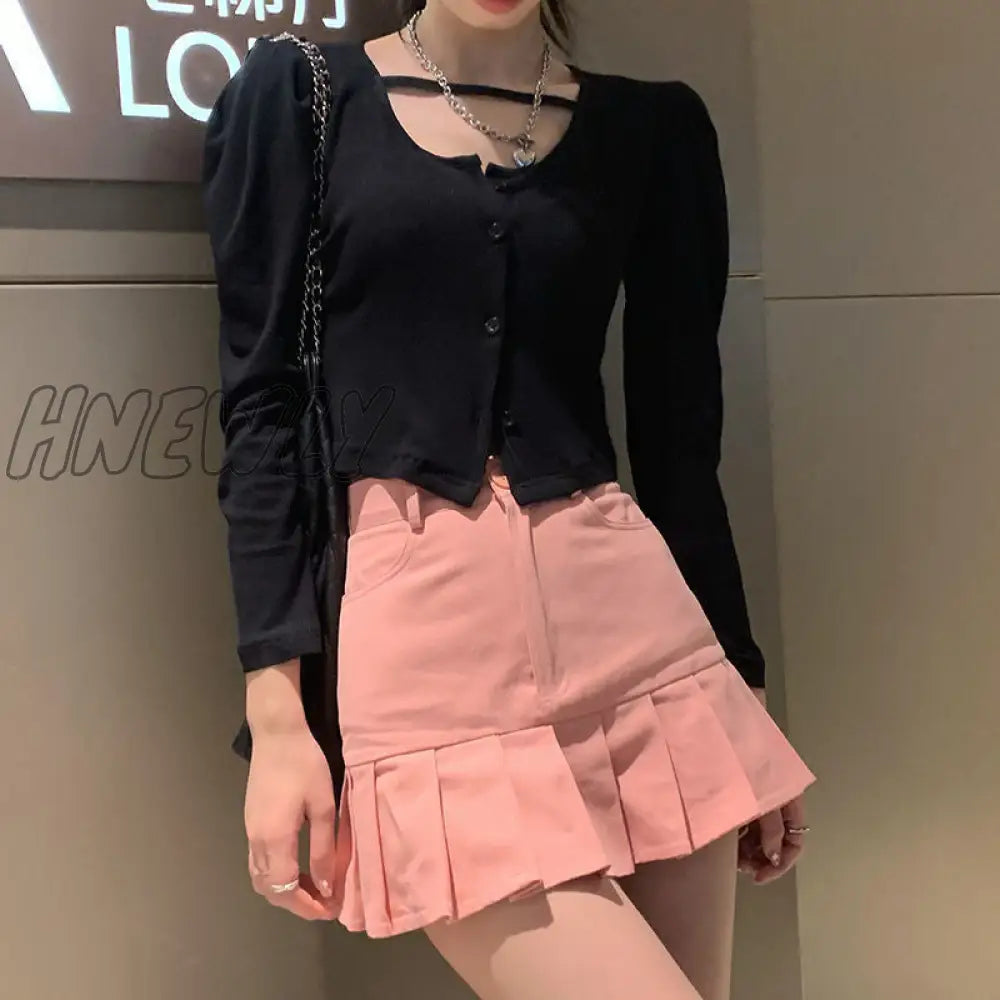 xsrrr Pink Denim Skirt Women Korean Fashion Streetwear Sexy Cute High Waist Slim Patchwork Pleated Mini Skirts Kawaii Summer