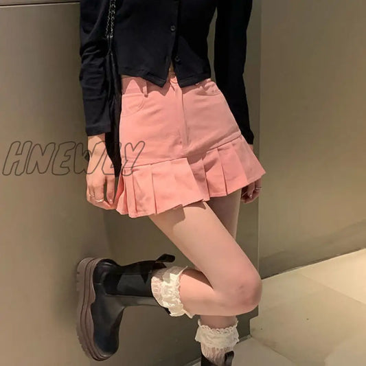 xsrrr Pink Denim Skirt Women Korean Fashion Streetwear Sexy Cute High Waist Slim Patchwork Pleated Mini Skirts Kawaii Summer