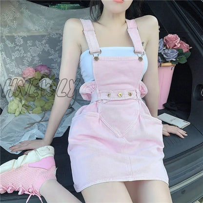 xsrrr Pink Dresses for Women Summer Sleeveless Backless Denim Strap Mini Dress Sweet Girl Y2k Kawaii Dress Outfits