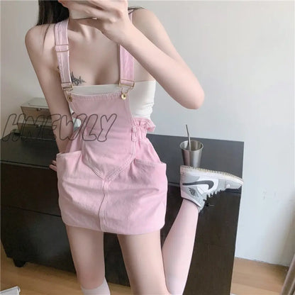 xsrrr Pink Dresses for Women Summer Sleeveless Backless Denim Strap Mini Dress Sweet Girl Y2k Kawaii Dress Outfits