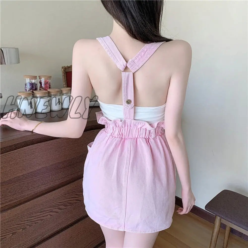 xsrrr Pink Dresses for Women Summer Sleeveless Backless Denim Strap Mini Dress Sweet Girl Y2k Kawaii Dress Outfits