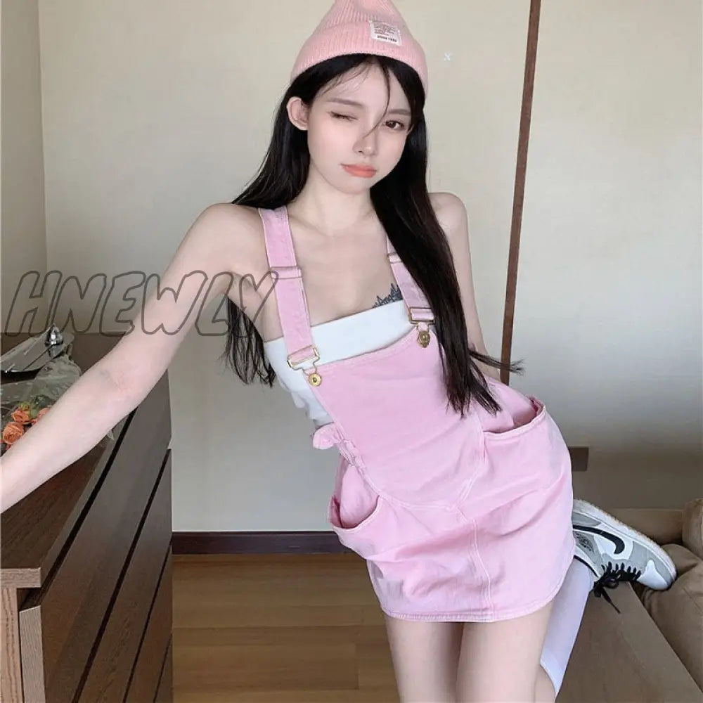 xsrrr Pink Dresses for Women Summer Sleeveless Backless Denim Strap Mini Dress Sweet Girl Y2k Kawaii Dress Outfits