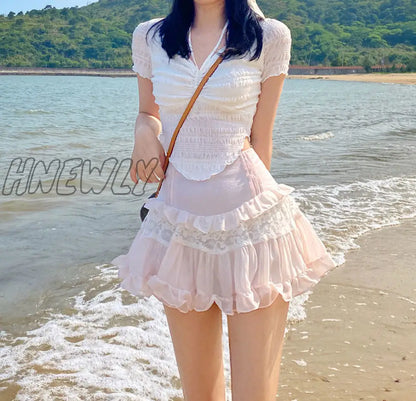 xsrrr Pink Kawaii Sweet Lolita Mini Skirt Women Casual Lace Ruffles Chiffon Beach Cute Skirts Japanese Female Summer Slim Fairy Skirt