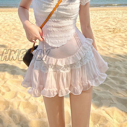 xsrrr Pink Kawaii Sweet Lolita Mini Skirt Women Casual Lace Ruffles Chiffon Beach Cute Skirts Japanese Female Summer Slim Fairy Skirt