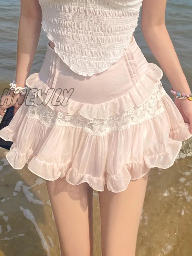 xsrrr Pink Kawaii Sweet Lolita Mini Skirt Women Casual Lace Ruffles Chiffon Beach Cute Skirts Japanese Female Summer Slim Fairy Skirt