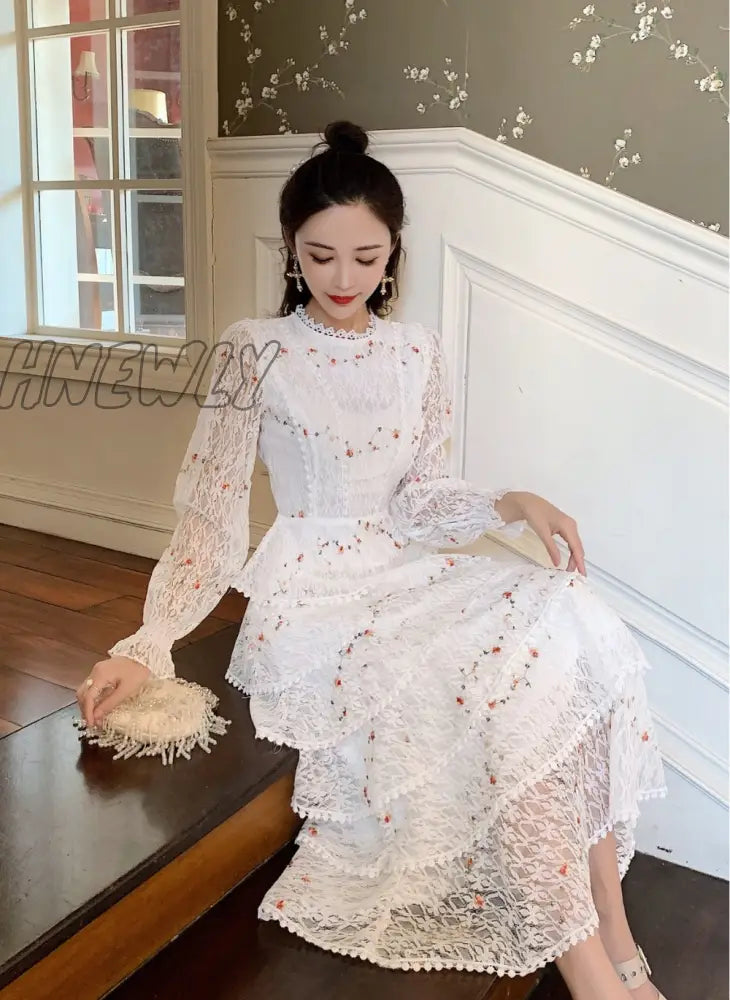 Hnewly Pink Lace Embroidery Maxi Dress Female Spring Winter Full Sleeve High Waist Ruffle Elegant Long Party Dresses Woman