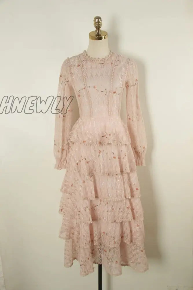 Hnewly Pink Lace Embroidery Maxi Dress Female Spring Winter Full Sleeve High Waist Ruffle Elegant Long Party Dresses Woman