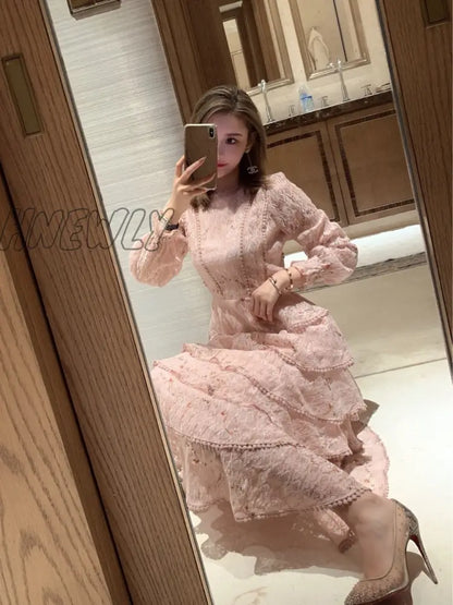 Hnewly Pink Lace Embroidery Maxi Dress Female Spring Winter Full Sleeve High Waist Ruffle Elegant Long Party Dresses Woman