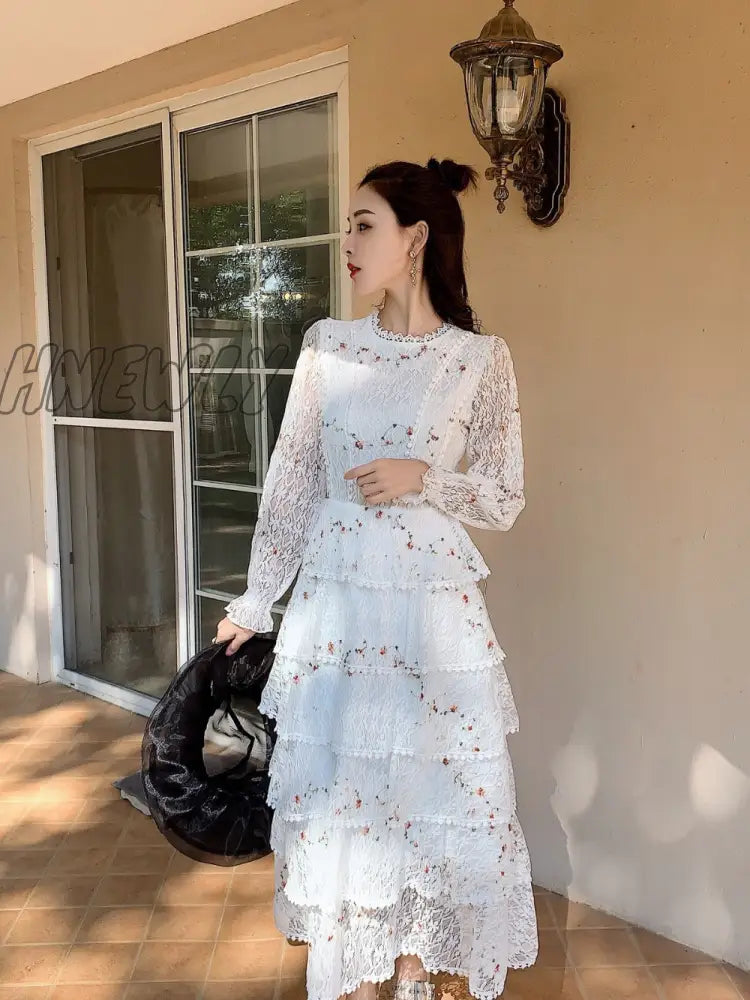 Hnewly Pink Lace Embroidery Maxi Dress Female Spring Winter Full Sleeve High Waist Ruffle Elegant Long Party Dresses Woman