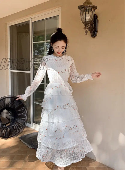 Hnewly Pink Lace Embroidery Maxi Dress Female Spring Winter Full Sleeve High Waist Ruffle Elegant Long Party Dresses Woman