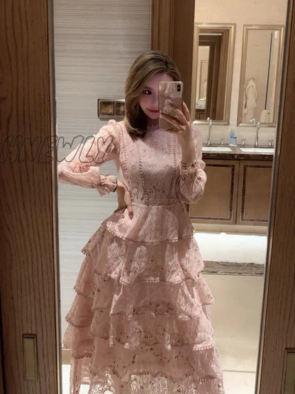 Hnewly Pink Lace Embroidery Maxi Dress Female Spring Winter Full Sleeve High Waist Ruffle Elegant Long Party Dresses Woman