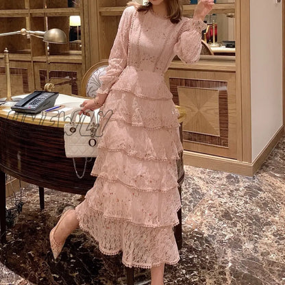 Hnewly Pink Lace Embroidery Maxi Dress Female Spring Winter Full Sleeve High Waist Ruffle Elegant Long Party Dresses Woman