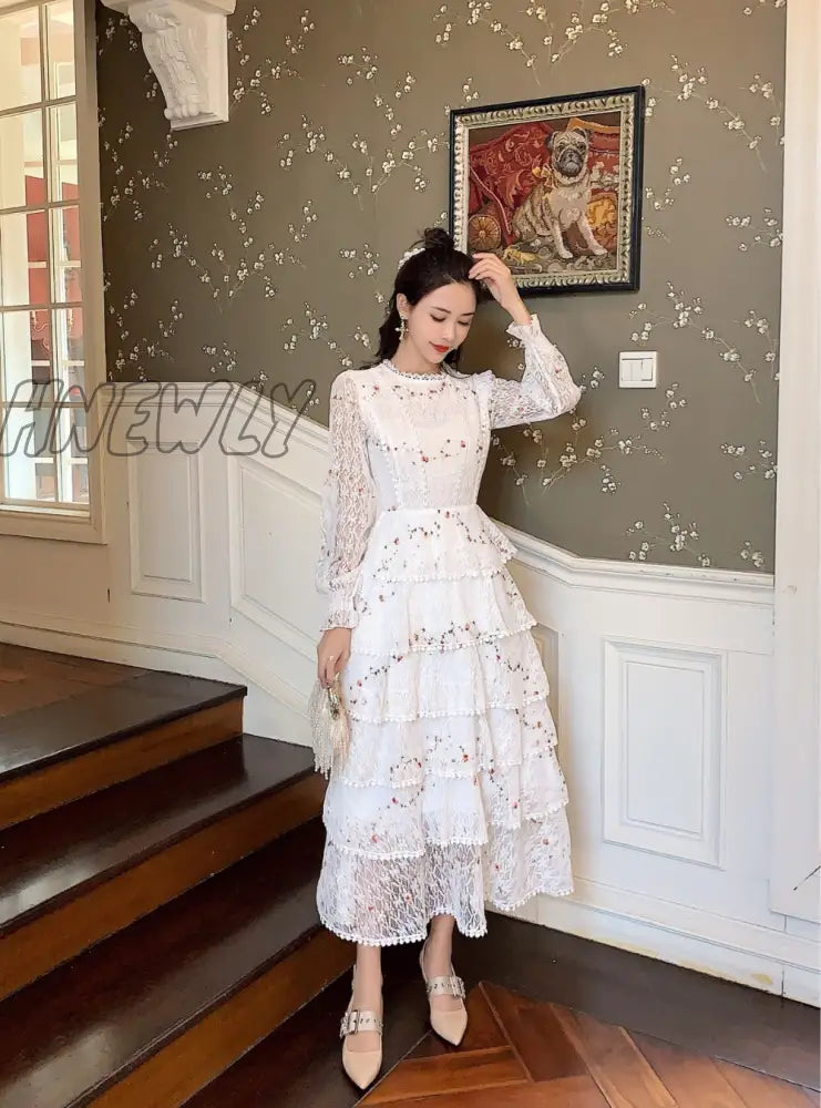 Hnewly Pink Lace Embroidery Maxi Dress Female Spring Winter Full Sleeve High Waist Ruffle Elegant Long Party Dresses Woman