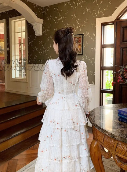 Hnewly Pink Lace Embroidery Maxi Dress Female Spring Winter Full Sleeve High Waist Ruffle Elegant Long Party Dresses Woman