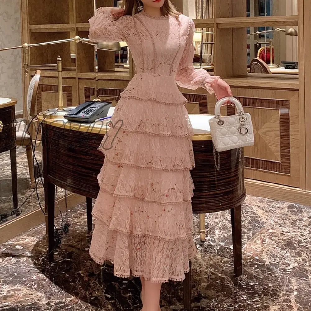 Hnewly Pink Lace Embroidery Maxi Dress Female Spring Winter Full Sleeve High Waist Ruffle Elegant Long Party Dresses Woman