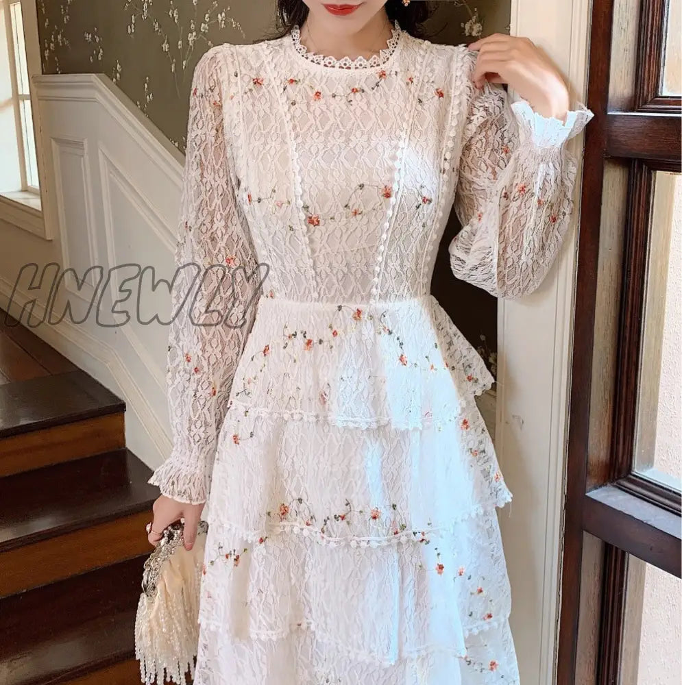 Hnewly Pink Lace Embroidery Maxi Dress Female Spring Winter Full Sleeve High Waist Ruffle Elegant Long Party Dresses Woman