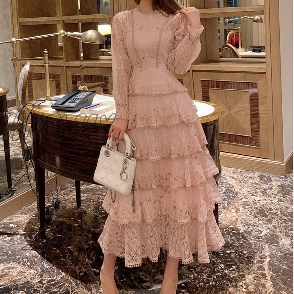 Hnewly Pink Lace Embroidery Maxi Dress Female Spring Winter Full Sleeve High Waist Ruffle Elegant Long Party Dresses Woman