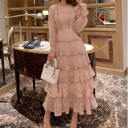 Hnewly Pink Lace Embroidery Maxi Dress Female Spring Winter Full Sleeve High Waist Ruffle Elegant Long Party Dresses Woman