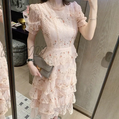 Hnewly Pink Lace Embroidery Maxi Dress Female Spring Winter Full Sleeve High Waist Ruffle Elegant Long Party Dresses Woman