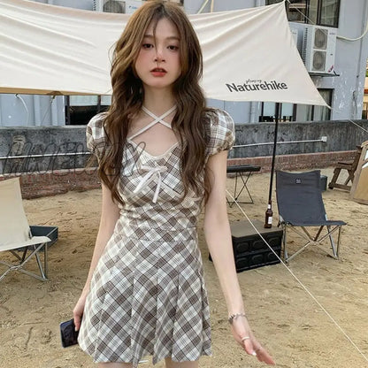 Hnewly Plaid suit short skirt women sets summer new Korean hanging neck plaid tops + high waist pleated skirt two-piece clothes