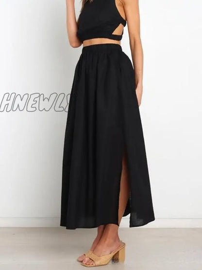 xsrrr Pleated Long Skirt Elegant Women Solid High Waist A-Line Split Pockets Midi Skirt Summer Versatile Casual Fashion