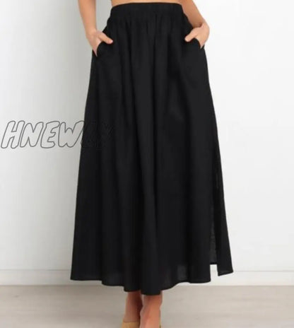 xsrrr Pleated Long Skirt Elegant Women Solid High Waist A-Line Split Pockets Midi Skirt Summer Versatile Casual Fashion