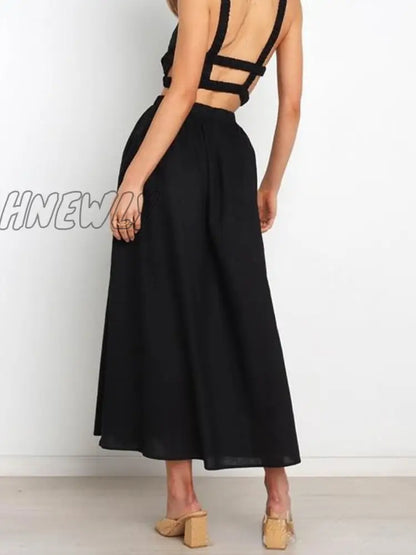 xsrrr Pleated Long Skirt Elegant Women Solid High Waist A-Line Split Pockets Midi Skirt Summer Versatile Casual Fashion