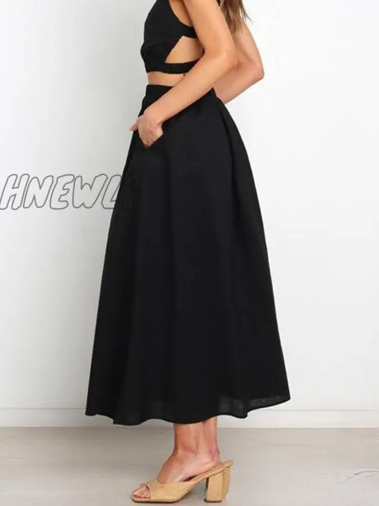 xsrrr Pleated Long Skirt Elegant Women Solid High Waist A-Line Split Pockets Midi Skirt Summer Versatile Casual Fashion