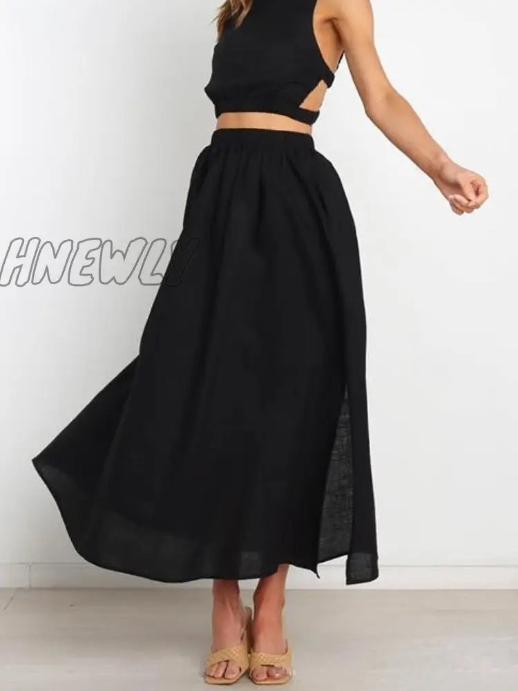 xsrrr Pleated Long Skirt Elegant Women Solid High Waist A-Line Split Pockets Midi Skirt Summer Versatile Casual Fashion