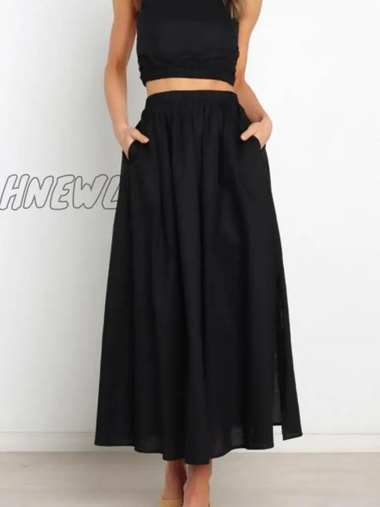 xsrrr Pleated Long Skirt Elegant Women Solid High Waist A-Line Split Pockets Midi Skirt Summer Versatile Casual Fashion