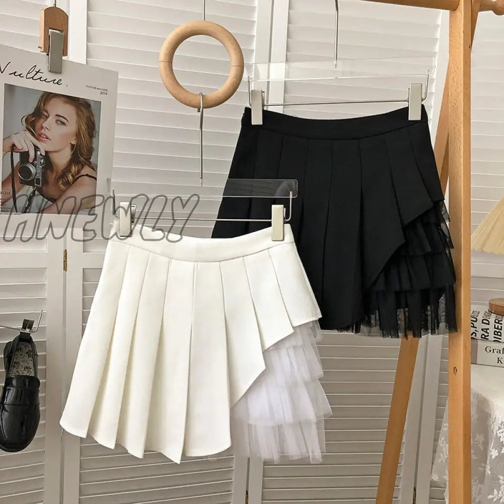 Hnewly Pleated Skirts Women Chic Summer Party All-match Schoolgirls Clothing Vintage Slim Simple Pure Faldas Ulzzang Y2k Mesh Design