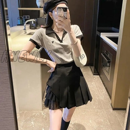 Hnewly Pleated Skirts Women Chic Summer Party All-match Schoolgirls Clothing Vintage Slim Simple Pure Faldas Ulzzang Y2k Mesh Design