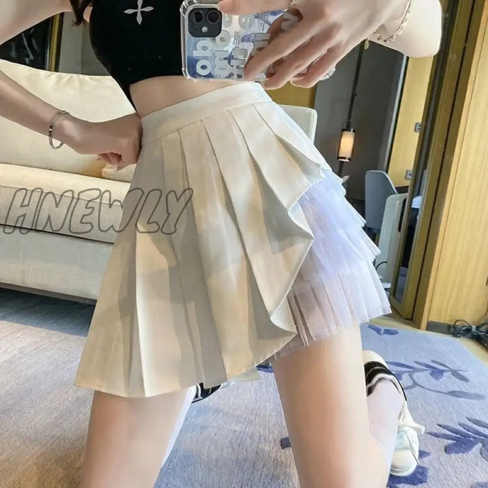 Hnewly Pleated Skirts Women Chic Summer Party All-match Schoolgirls Clothing Vintage Slim Simple Pure Faldas Ulzzang Y2k Mesh Design