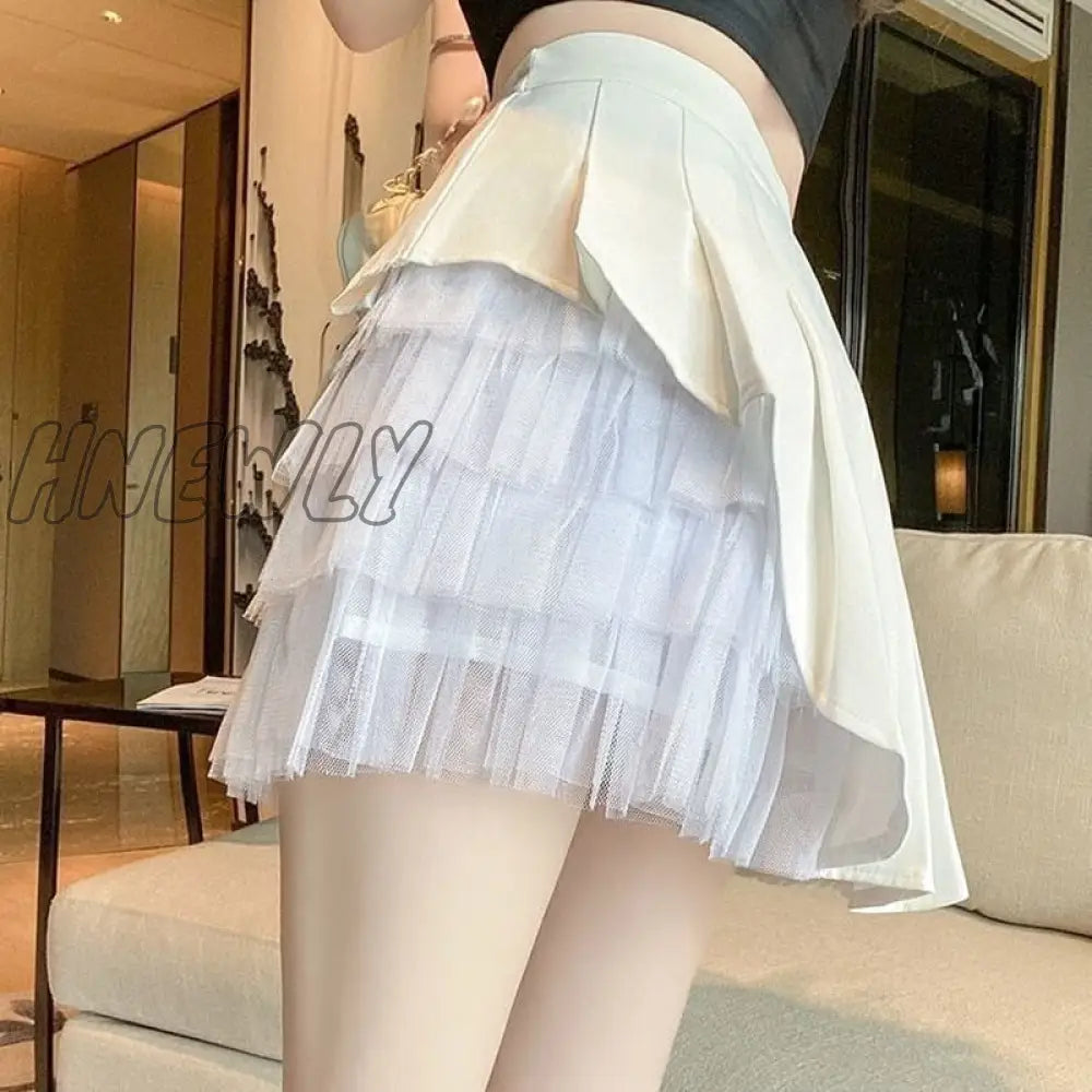 Hnewly Pleated Skirts Women Chic Summer Party All-match Schoolgirls Clothing Vintage Slim Simple Pure Faldas Ulzzang Y2k Mesh Design