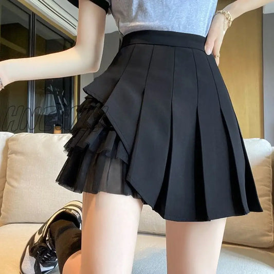 Hnewly Pleated Skirts Women Chic Summer Party All-match Schoolgirls Clothing Vintage Slim Simple Pure Faldas Ulzzang Y2k Mesh Design