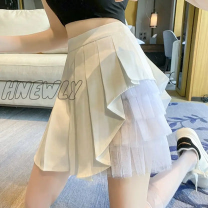 Hnewly Pleated Skirts Women Chic Summer Party All-match Schoolgirls Clothing Vintage Slim Simple Pure Faldas Ulzzang Y2k Mesh Design