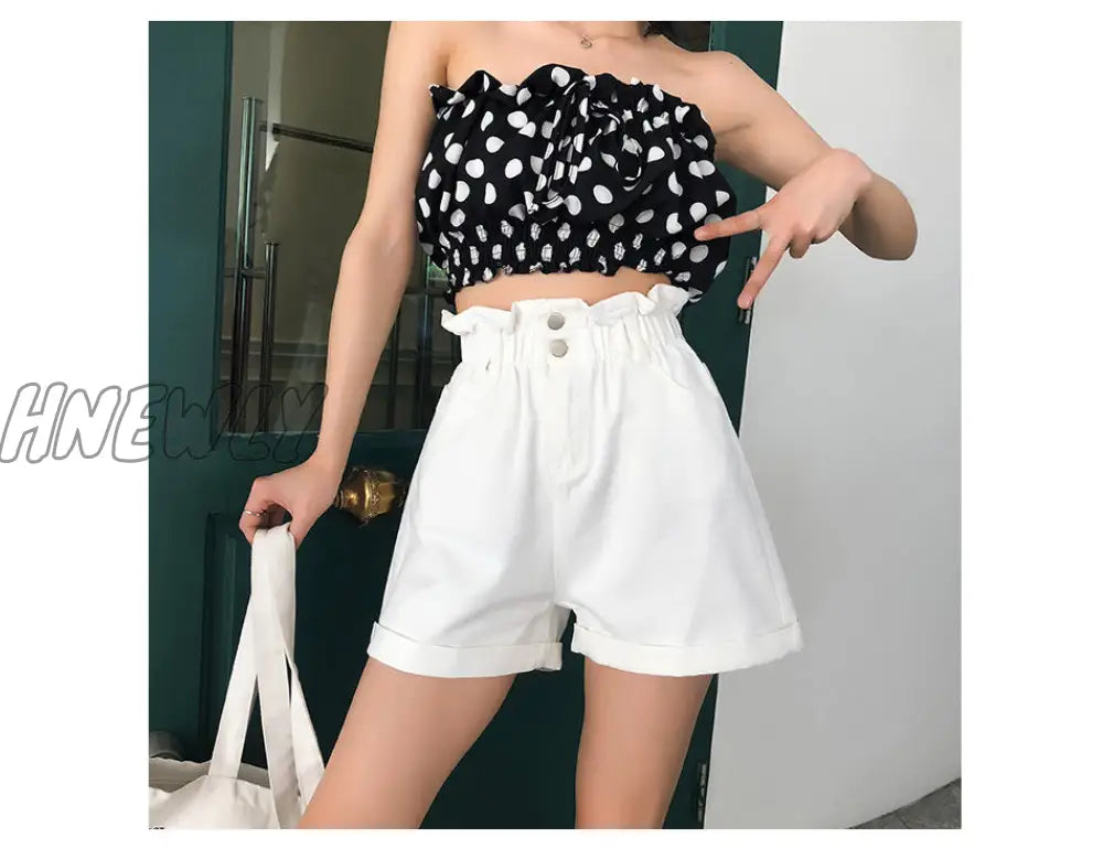 Hnewly Plus Size Summer Black Women's Denim Shorts Large Size 5Xl Harem Ruffle White High Waisted Shorts Elastic Waist Jeans for Women