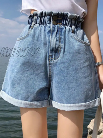 Hnewly Plus Size Summer Black Women's Denim Shorts Large Size 5Xl Harem Ruffle White High Waisted Shorts Elastic Waist Jeans for Women