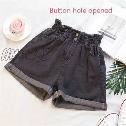 Hnewly Plus Size Summer Black Women's Denim Shorts Large Size 5Xl Harem Ruffle White High Waisted Shorts Elastic Waist Jeans for Women