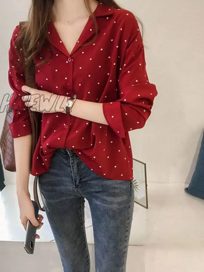 xsrrr Polka Dot Chiffon Women's Shirt Casual TurnDown Collar Office Ladies Button Blouse Chic Spring Autumn Long Sleeve Top