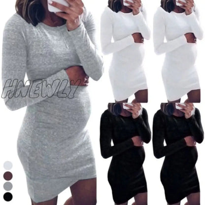 xsrrr Pregnancy Autumn Dresses Pregnant Women Long Sleeve Bodycon O-Neck Casual Dress Mother Home Clothes Maternity Dress