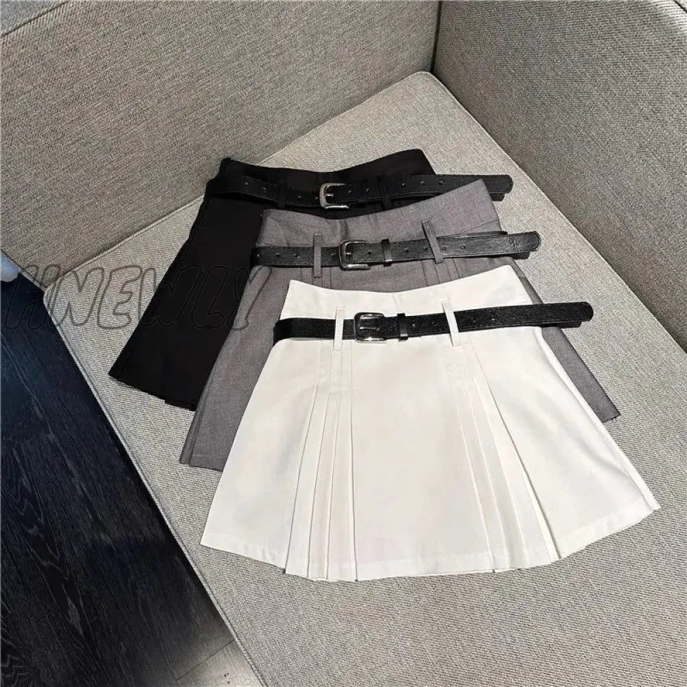 xsrrr Preppy Pleated Mini Skirt Women Summer Sexy Gyaru Belt High Waist Solid A-Line Micro Skirt Shorts Korean Fashion